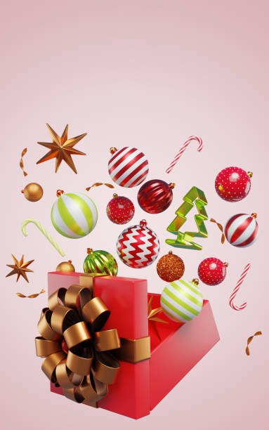 istock Christmas tree decorations balls candy canes fly out of an open gift box. 3D rendering 1765269043
