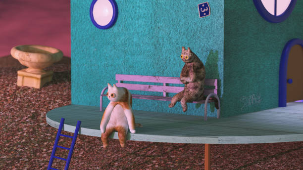 Two cartoon cats are sitting near house and watching the sunset. Background with copyspace. 3d render, 3d illustration.