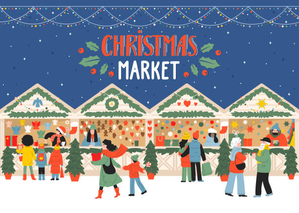 jarmark bożonarodzeniowy. - christmas market stock illustrations
