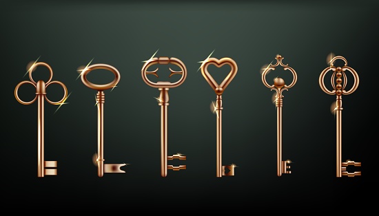 Gold keys. Old golden lock for vintage or antique classic home door with luxury medieval metal ornate different forms. Creative luxury metallic 3d isolated decorative element. Vector real isolated set