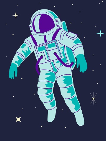 Astronaut in space. cute character in spacesuit flying, man in space suit and helmet, cosmonaut adventures poster or banner. Cartoon flat isolated explorer illustration. Abstract vector background