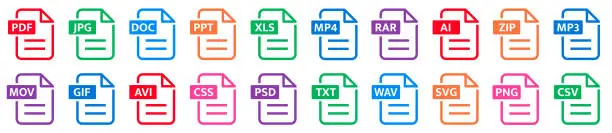 Vector illustration of File formats big icon collection. File format of document icons set. PDF, JPG, DOC, PPT, XLS, MP4, RAR, AI, ZIP, MP3, MPV, GSF and others - stock vector.