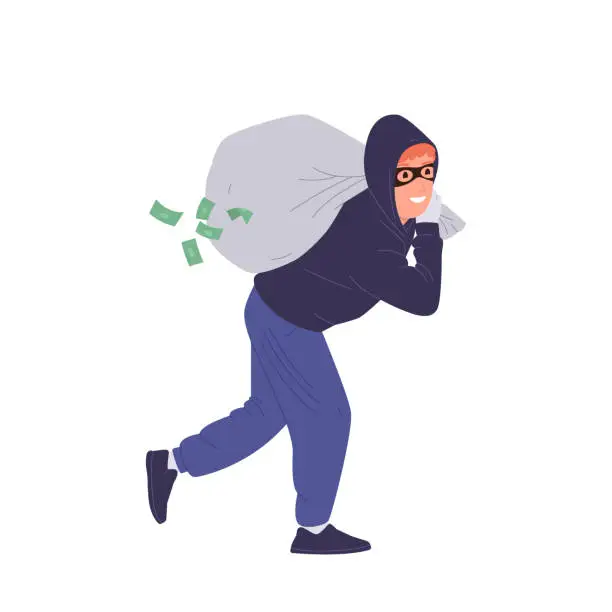 Vector illustration of Thief cartoon character wearing facemask and hoodie carrying money cash bag sack isolated on white