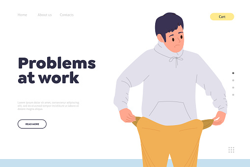 Problems at work landing page template with frustrated unhappy man employee cartoon character design. Office worker bankrupt showing empty pocket during economic crisis website vector illustration