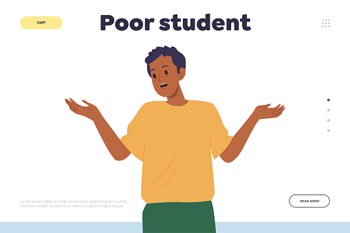 Unsuccessful poor student having no money support online service landing page design template. Young teenager guy cartoon character suffering from money budget failure website vector illustration