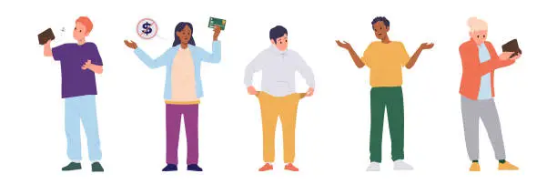 Vector illustration of Isolated set of different people holding empty wallets, showing pockets without any cash on white