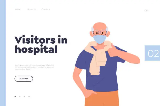 Vector illustration of Visitors in hospital headline for landing page design template with senior man in facial mask