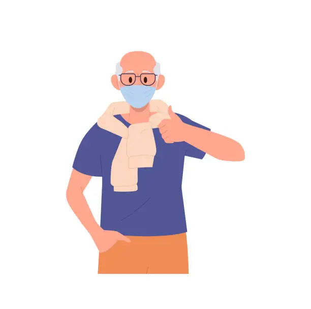 Vector illustration of Happy satisfied senior man cartoon character wearing protective medical mask gesturing thumbs-up