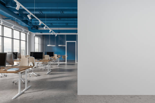 istock Modern office interior with coworking and conference room, window. Mock up wall 1765294496