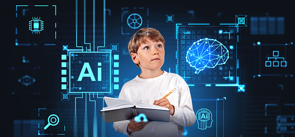 Child taking notes and looking up at AI brain hud hologram, artificial intelligence with digital human brain and circuit board. Concept of machine learning and futuristic technologies