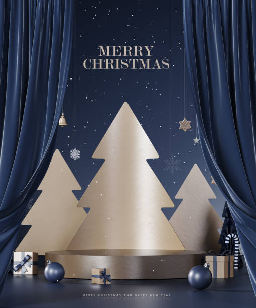 istock Gold paper pine trees with empty stage for product presentation. Christmas mockup blue background with empty podium and Christmas decoration. 1765296851