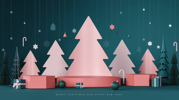 istock Christmas greeting card. Pink paper pine trees with empty stage for product presentation. Christmas mockup green background with empty podium and Christmas decoration. 1765297387