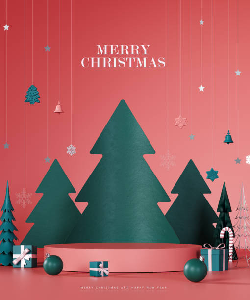 Christmas greeting card. Green paper pine trees with empty stage for product presentation. Christmas mockup pink background with empty podium and Christmas decoration.