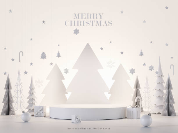 istock Christmas greeting card. White paper pine trees with empty stage for product presentation. Christmas mockup white background with empty podium and Christmas decoration. 1765297418
