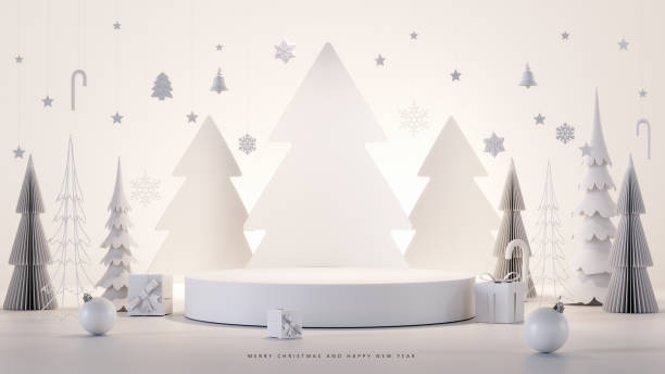 istock Christmas greeting card. White paper pine trees with empty stage for product presentation. Christmas mockup white background with empty podium and Christmas decoration. 1765297798