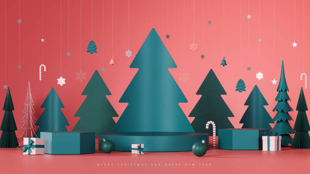 istock Christmas greeting card. Green paper pine trees with empty stage for product presentation. Christmas mockup pink background with empty podium and Christmas decoration. 1765297969