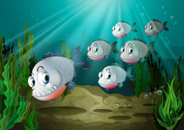 Vector illustration of Six fishes with big fangs under the sea