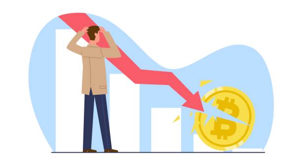 ilustrações de stock, clip art, desenhos animados e ícones de concept of cryptocurrency value decline, bitcoin price drop. male investor and falling red arrow. crypto currency market, investment crisis. cartoon flat isolated vector financial illustration - coin stacking vector part of