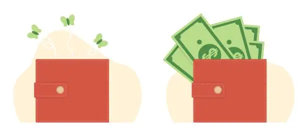 Vector illustration of Wallet full of money and empty with moths. Accessory for cash and coins. Rich and poor people. Financial crisis and savings. Cartoon flat isolated vector business and finance concept