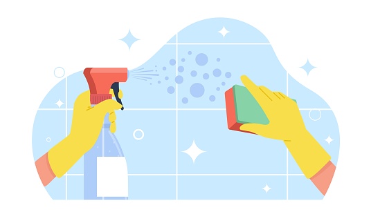 With gloved hands and cloth, clean tile surface with detergent. Cleaning service banner. Sponge with foam, housekeeping and household process, cartoon flat style isolated illustration. Vector concept