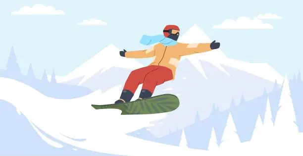 Vector illustration of Man snowboarding down snowy mountain. Winter extreme sport. Boy in helmet and sportwear. Freeride on snowboard. Outdoor activity on resort. Cartoon flat isolated illustration. Vector concept