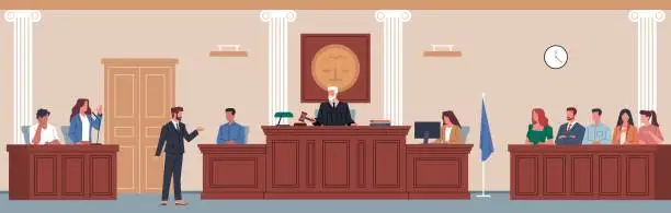 Vector illustration of Trial in courtroom. Law justice, public process, defense and prosecution presentation, judge on wooden tribune listens to people, cartoon flat style isolated nowaday vector concept