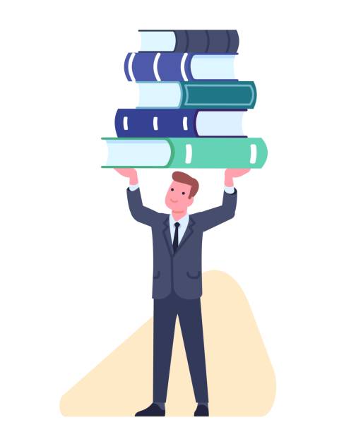 istock Knowledge is power. Businessman holds stack of books above him. Business education. Studying literature for office employee. Man learning textbooks. Career improvement. Vector concept 1765325442