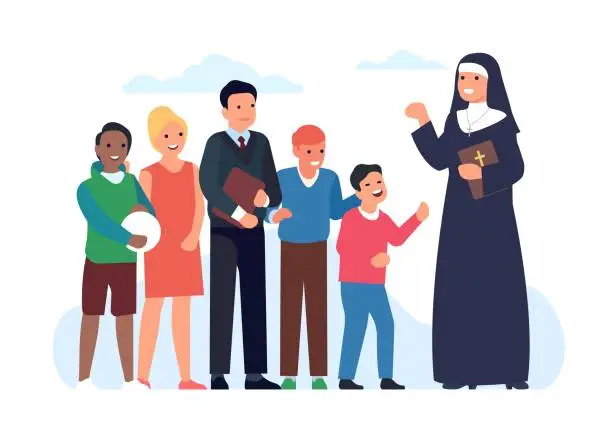 Vector illustration of Nun talking to children. Catholic believers. Sister in religion. Woman teaching kids group. Votaress communicating with boys and girls. Religious dress. Christianity abbey. Vector concept