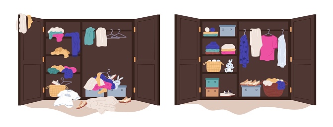 Messy clothes in wardrobe. Putting wears in order home wooden closet. Garments distribution by shelves. Declutter in cabinet. Coats and jeans hanging on hangers. Room disorder. Garish vector concept