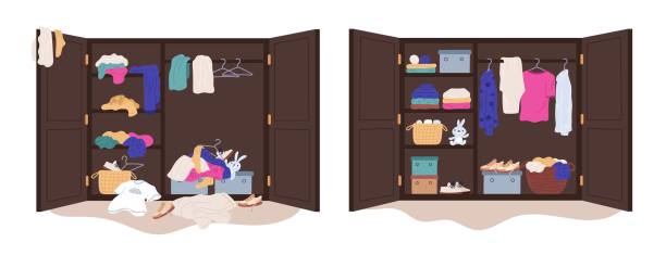 Messy clothes in wardrobe. Putting wears in order home wooden closet. Garments distribution by shelves. Declutter in cabinet. Coats and jeans hanging on hangers. Garish vector concept vector art illustration