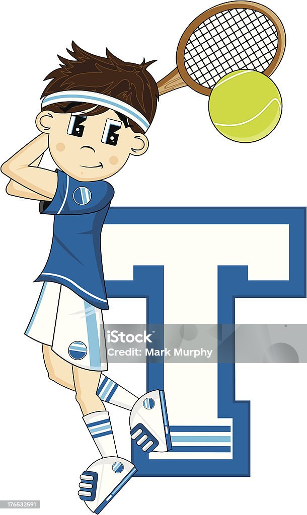Теннис мальчик обучения Буква T - Векторная графика Алфавит роялти-фри