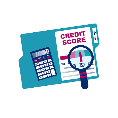 Credit score, gauge. Study credit information. Calculator and magnifying glas. Report form document. Vector illustration flat design. Isolated on white background. Graph sheet. Financial rating.