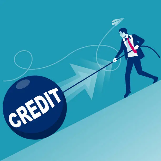 Vector illustration of Heavy credit. Businessman pulls a big ball uphill. Vector flat.