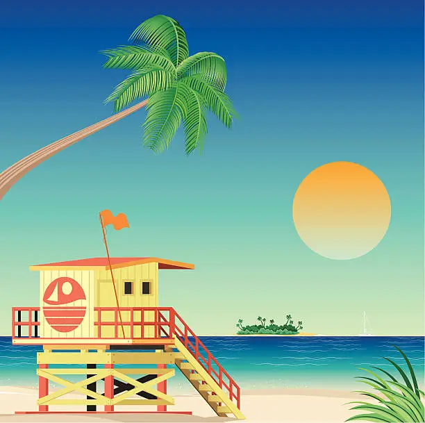 Vector illustration of Illustration of a life guard stand on Miami beach