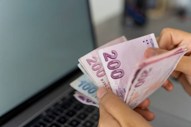 Businesswoman counting Turkish money.