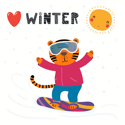 Cute funny tiger in winter, snowboarding, quote Heart Winter, isolated on white. Hand drawn vector illustration. Scandinavian style flat design. Concept for kids fashion, textile print, poster, card.