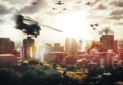 City, helicopter and fight with warzone, conflict and explosion with battlefield, urban development and destruction. Fighters, town and outdoor with buildings, aerial attack and action with combat