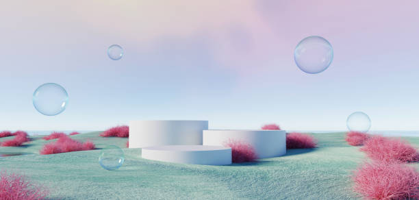 istock 3d Render, Abstract Surreal pastel landscape background with arches and podium for showing product, panoramic view, Colorful dune scene with copy space, blue sky and cloudy, Minimalist decor design 1765339473