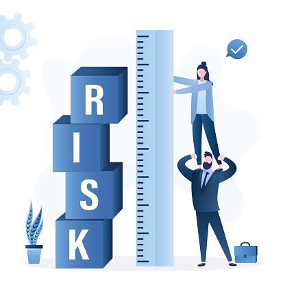 Business team uses big ruler for measuring financial risk. Cubes with text - RISK. Business strategy, planning. Risk management, protection from bankruptcy, concept banner. Flat vector illustration