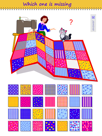 Logic puzzle game for children and adults. Which one of the patterns is missing on the carpet? Memory training exercises for seniors. Page for kids brain teaser book. IQ test. Play online.