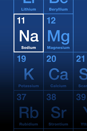 Sodium on the periodic table of the elements. Alkali metal, with symbol Na from Latin sodium, and atomic number 11. Sixth most abundant element in Earth crust, essential for animals and some plants.