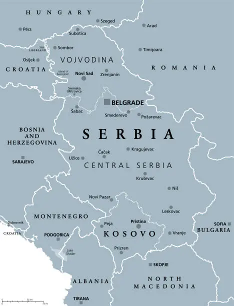 Vector illustration of Serbia and Kosovo, landlocked countries in Southeast Europe, gray political map