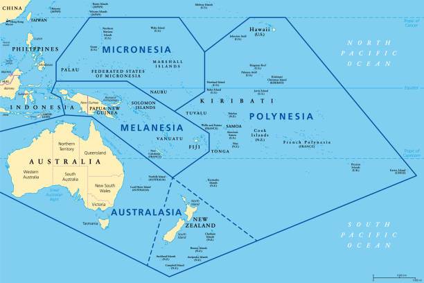 Subregions of Oceania, geoscheme with regions in the Pacific, political map Subregions of Oceania, political map. Geoscheme with regions in the Pacific Ocean and next to Asia. Melanesia, Micronesia, Polynesia, and Australasia, short for Australia and New Zealand. Vector. easter island map stock illustrations