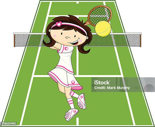 Cute Cartoon Girl Теннис — стоковая векторная графика и другие изображения на тему Базовая линия - Базовая линия, Векторная графика, Веселье