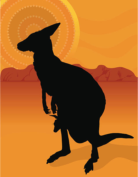 Kangaroo Outback A silhouette of a kangaroo with her joey on a background of the outback with an aboringinal sun. joey stock illustrations