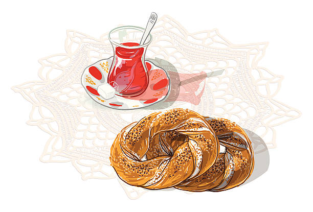 illustrazioni stock, clip art, cartoni animati e icone di tendenza di bagel turco tradizionale tè e - simit