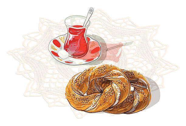 Turkish Traditional Bagel and Tea Turkish traditional tea and bagel called as simit serving. sesame bagel stock illustrations