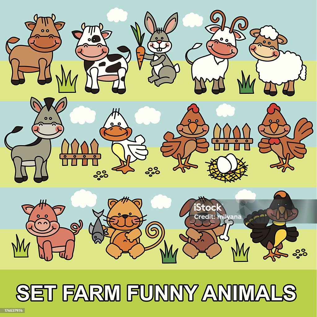 Ensemble de vecteurs animaux de la ferme drôle dene dessin animé - clipart vectoriel de Chat domestique libre de droits
