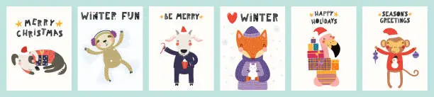 Vector illustration of Cute animals Christmas cards set