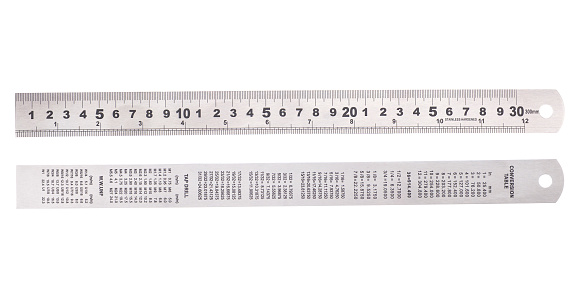 Metal Ruler with Conversion table isolated on white background.
